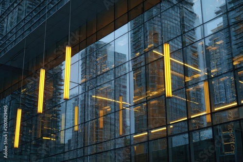 A modern building facade features illuminated vertical light fixtures reflecting in its glass panels.
