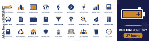 Building energy efficiency icon set. Containing battery charger, smart meter, solar panel, light bulb, plug, office building, house, recycle symbol and more. Solid fill vector icons.