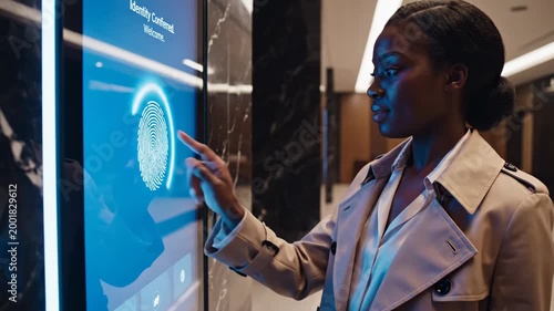 Woman Accessing Security System Using Fingerprint and Facial Recognition Technology