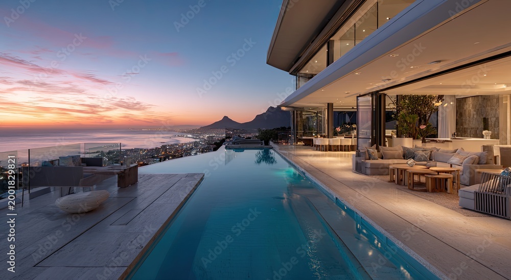 Fototapeta premium A luxurious modern villa with an infinity pool overlooks a stunning coastal cityscape at sunset, showcasing elegant architecture and breathtaking panoramic views.