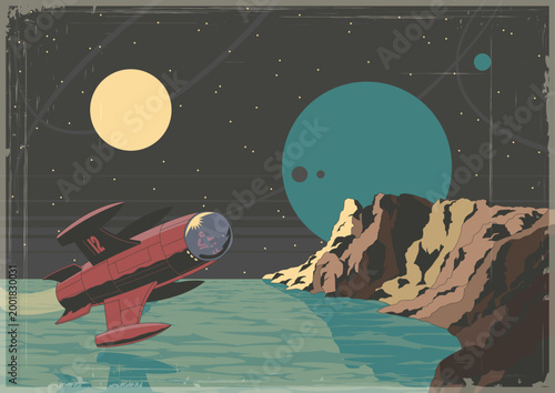 Space Journey Retro Futurism Poster, Old Cosmic Style Vector Illustration. Space Rocket, Unknown Planet Landscape, Aged Textured Frame