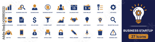 Business startup icon set. Containing bar graph, cash wallet, checklist, growth chart, handshake, light bulb, mobile phone, rocket ship, warning sign and more. Solid fill vector icons.
