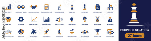 Business strategy icon set. Containing bar graph, binoculars, calculator, chess king, growth chart, justice scales, rocket ship, trophy cup, watchful eye and more. Solid fill vector icons.
