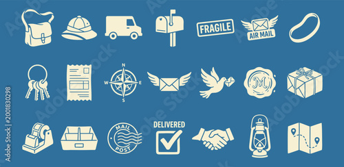 Postal and Delivery Vector Icons with Vintage Aesthetic for Logistics and Shipping Services