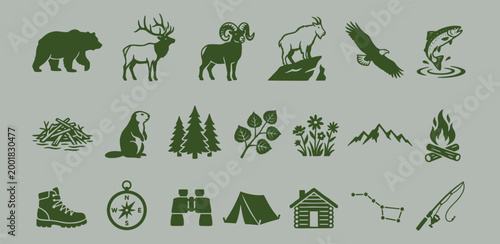 Rocky Mountain Wildlife Icon Set for Nature Conservation and Outdoor Adventure Branding