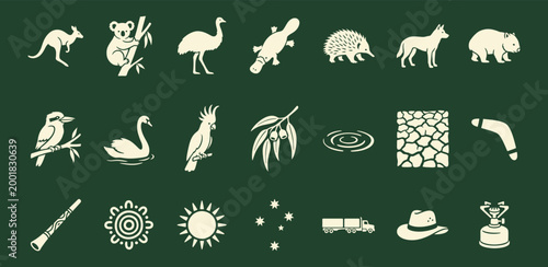 Australian wildlife and outback culture icons in a minimalist flat vector grid layout