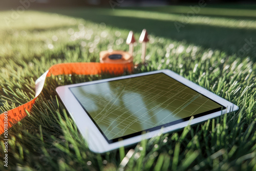 A tablet displaying a map lies on grass next to a measuring tape and two push pins, suggesting outdoor planning or landscaping work.