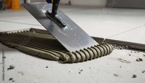 Macro shot of a metal notched trowel spreading grey cement adhesive on a floor surface for professional ceramic tile installation during a home renovation and interior improvement project