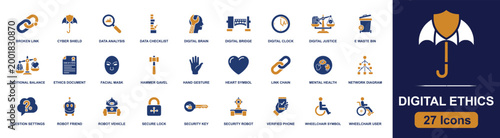 Digital ethics icon set. Containing cyber shield, ethics file, digital brain, robot friend, secure lock, network, mindset, phone, wheelchair user and more. Solid fill vector icons.