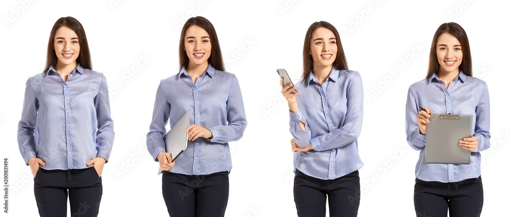 Obraz premium Set of beautiful young businesswoman on white background