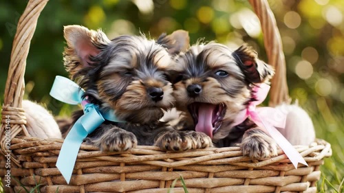 Cute Yorkie Puppies in Basket.