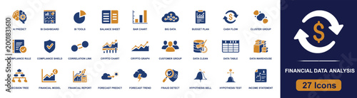 Financial data analysis icon set. Containing dashboard, budget, cash flow, crypto chart, data table, fraud detect, forecast, income report, balance sheet and more. Solid fill vector icons.