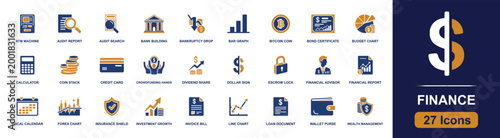 Finance icon set. Containing ATM machine, credit card, calculator, coin stack, bitcoin coin, bank building, loan document, wallet purse, budget chart and more. Solid fill vector icons.