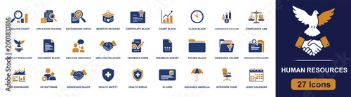 Human resources icon set. Containing recruitment, benefits, interview, feedback, compliance, employee relations, leave calendar, health safety, ID card and more. Solid fill vector icons.