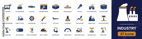 Industry manufacturing icon set. Containing conveyor belt, forklift, factory, robot arm, drill bit, gear, safety helmet, power plant, shipping box and more. Solid fill vector icons.