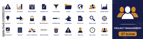 Project management icon set. Containing task checklist, timeline, calendar, folder, progress bar, team collaboration, target icon, growth graph, wall clock and more. Solid fill vector icons.