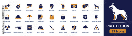 Protection and safety icon set. Containing alarm siren, CCTV camera, first aid, guard dog, secure lock, police badge, hard hat, life vest, warning sign and more. Solid fill vector icons.