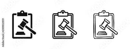 Justice and Legal Law Icon Set with Gavel and Clipboard - Court Auction and Regulation Concept