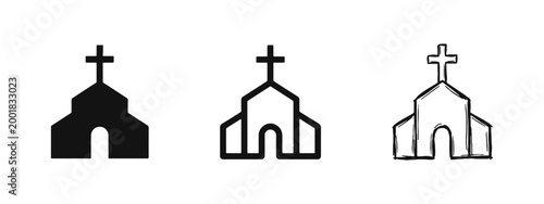 Church Building with Cross Icon Set - Religion Faith Chapel and Community Worship Symbol