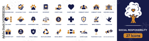 ESG and social responsibility icon set. Containing charity hand, ESG chart, fair wage, health cross, human rights, peace dove, gift, supply chain, shield and more. Solid fill vector icons.