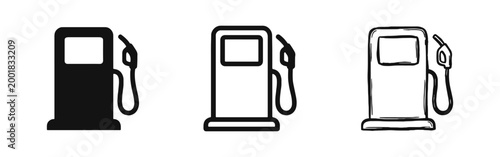 Gas Station and Fuel Pump Icon Set in Solid Outline and Hand Drawn Sketch Styles