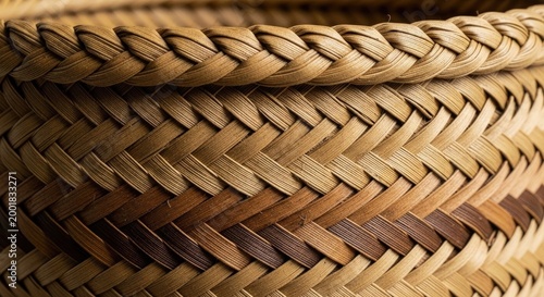 A close-up view of a finely crafted basket made from date palm leaves, emphasizing the detailed weaving pattern and natural fibers.
