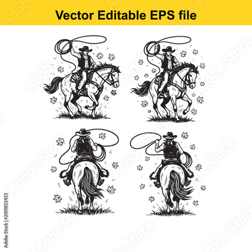  set of four vector illustrations depicting cowboys on horseback, roping cattle, shown from side and rear views, perfect for western theme design