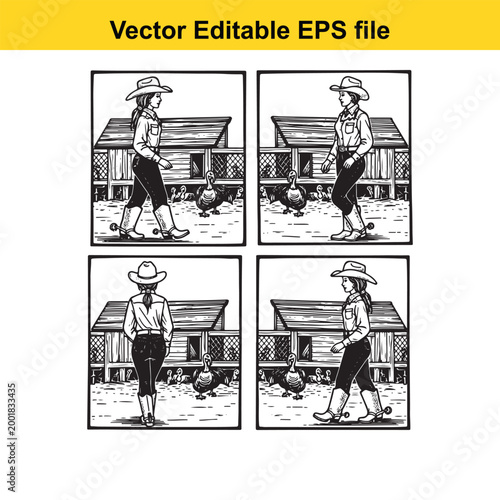  vector illustration set showing a cowgirl walking past a wooden barn structure with geese in four different poses, presented in a black and white sketch style