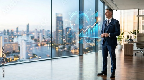Businessman office city skyline window financial growth chart hologram success Confident businessman modern office by window overlooking city skyline, financial growth chart hologram showing