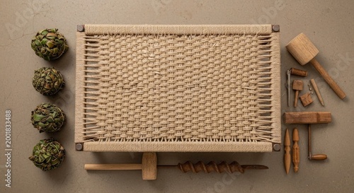 “An overhead shot of a half-finished rope cot, showing the detailed crisscross stitching of natural fibers, surrounded by bundles of dried leaves and traditional wooden tools.”
