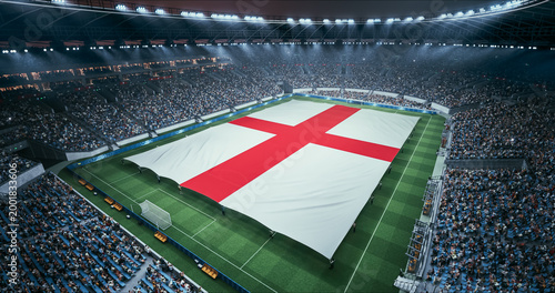 Fotografía Professional Stadium Soccer Game Championship With Flag of England Spread Across the Pitch Before Football Match Start