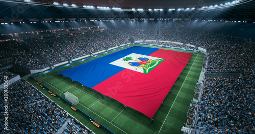 Photography Professional Stadium Soccer Game Championship With Flag of Haiti Spread Across the Pitch Before Football Match Start