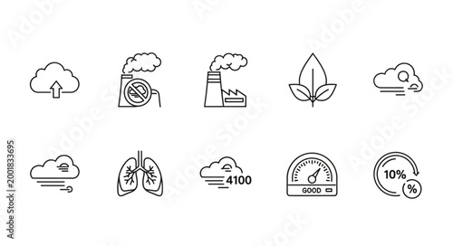 Collection of environmental icons representing pollution and nature.