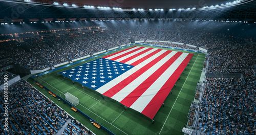 Obraz na płótnie Professional Stadium Soccer Game Championship With Flag of United States Spread Across the Pitch Before Football Match Start