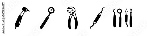 A set of professional dental instrument icons in black silhouette. Featuring a dental drill, mouth mirror, forceps, and scalers for oral hygiene, surgery, and treatment.