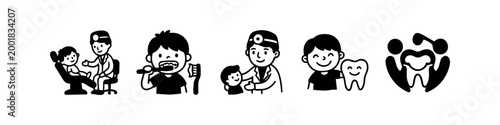 Set of pediatric dentistry icons featuring children, a friendly dentist, tooth brushing, and dental care symbols in a simple black and white doodle style for oral health education.