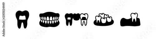 Comprehensive set of dental care silhouettes featuring a molar with a filling, full dentures, a dental bridge, and healthy teeth. Minimalist vector icons for stomatology and oral hygiene services.