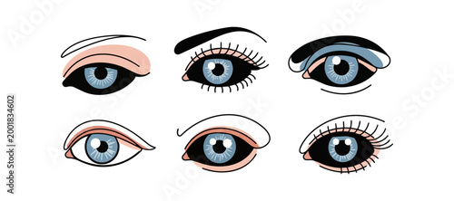 Stylized eye illustrations with various makeup and expressions