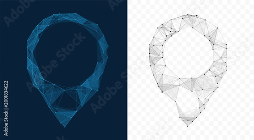 Abstract Digital Location Pin Icon with Low Poly Network Structure, Geolocation and GPS Navigation Concept on Blue Background