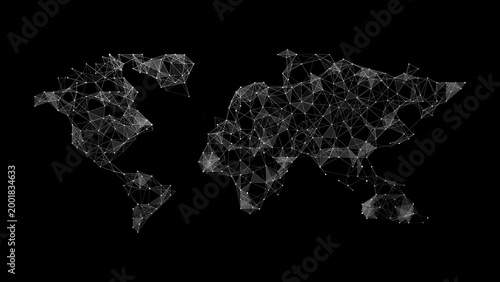 Abstract Low Poly World Map with Digital Network Connections, Global Data Structure and Technology Communication Concept on Dark Background