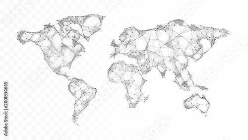 Low Poly World Map Isolated on Transparent Background with Digital Network Structure, Data Connections and Global Technology Concept
