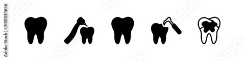 Set of dental care icons showing teeth, dental drilling, examination with tools, and a tooth filling. Minimalist black and white vector symbols for dentistry and oral health.