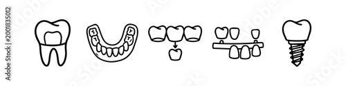 Set of dental prosthetics icons featuring crowns, dentures, bridges, and implants. Simple black line art hand-drawn style for dentistry, stomatology, and oral healthcare concepts.