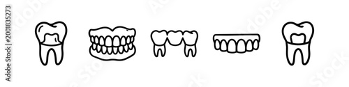 Set of dental icon line art featuring teeth, dentures, dental bridge, and veneers. Minimalist black and white vector illustrations for dentistry, oral hygiene, and prosthodontics.