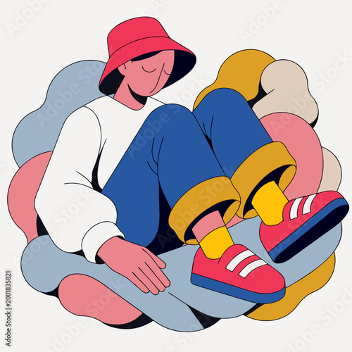 Person sitting floating rest weightless in calm serene environment indoors