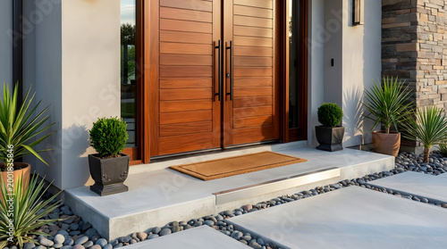 Modern luxury house entrance with wooden double doors concrete steps and minimalist landscaping with potted plants
