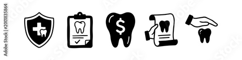 A set of black and white dental insurance and healthcare icons featuring protection shield, medical clipboard, cost symbols, and care hands for dentistry services.