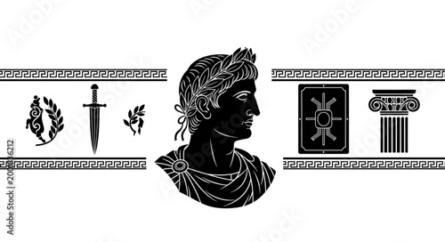 Ancient Coin and Bust of Historical Figure Display.