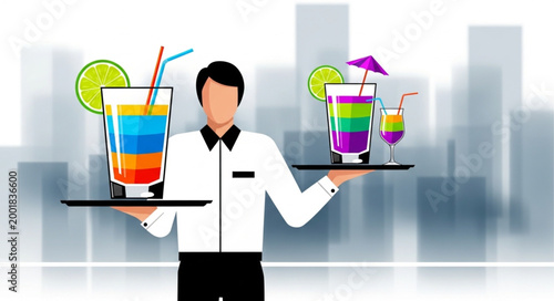 Bartender Serving Colorful Cocktail Drinks in a Modern Bar.