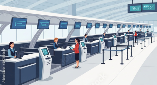 Modern Airport Check-in Counters with Passengers and Staff.